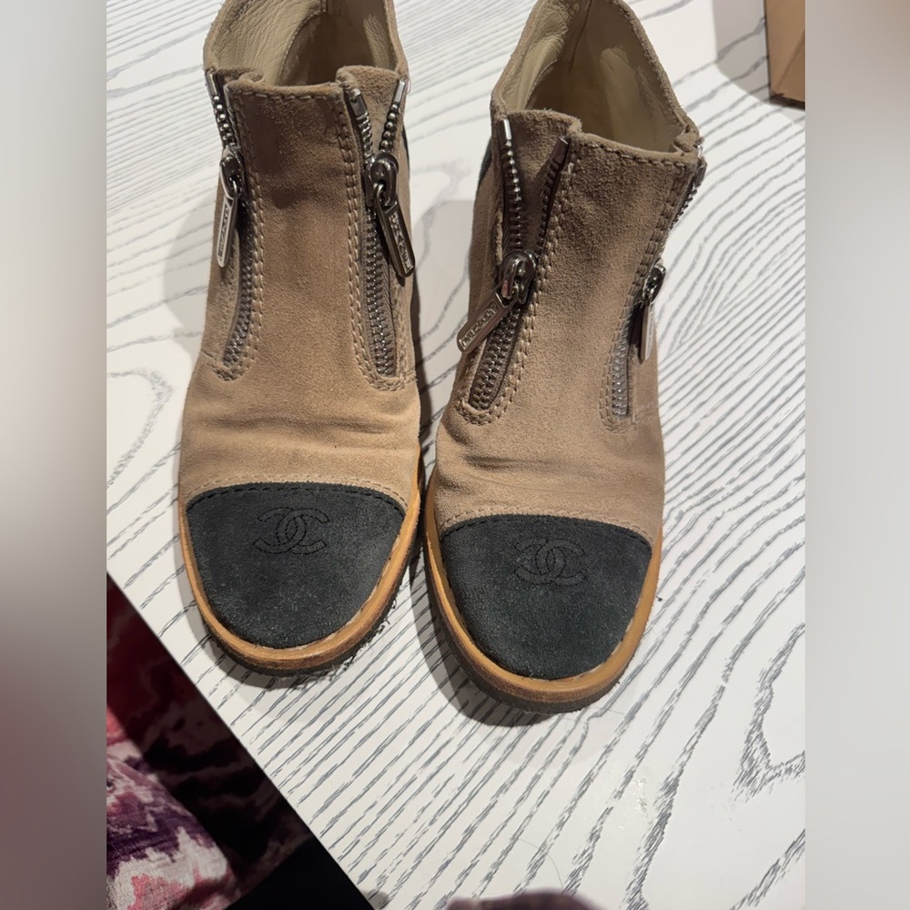 CHANEL Tan and Black Ankle Boots